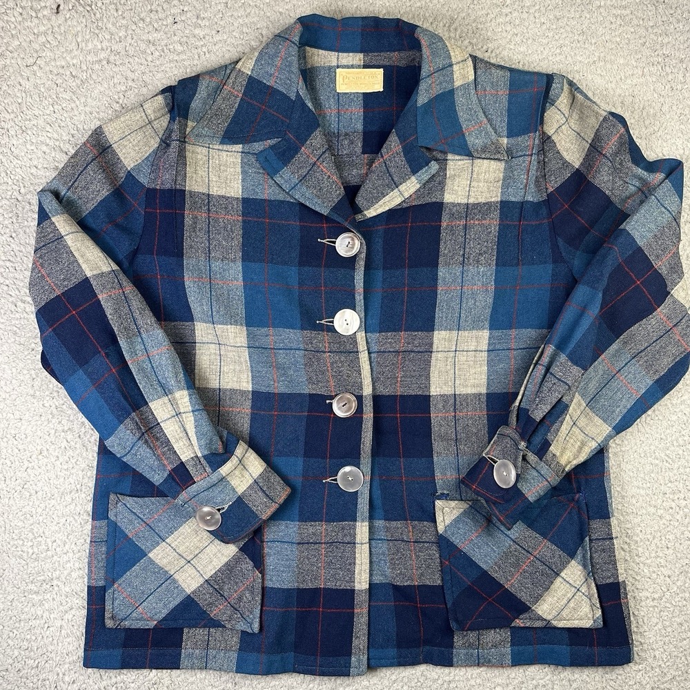 Vtg 1950s PENDLETON Wool Flannel 49er Shirt Jacket Shell Buttons Blue Plaid